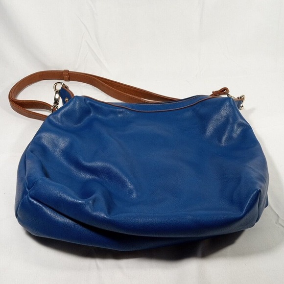 Liz Soto Vegan Leather Purse Navy Blue with Brown Removeable Strap, 12 x 12 Inch - Picture 2 of 7